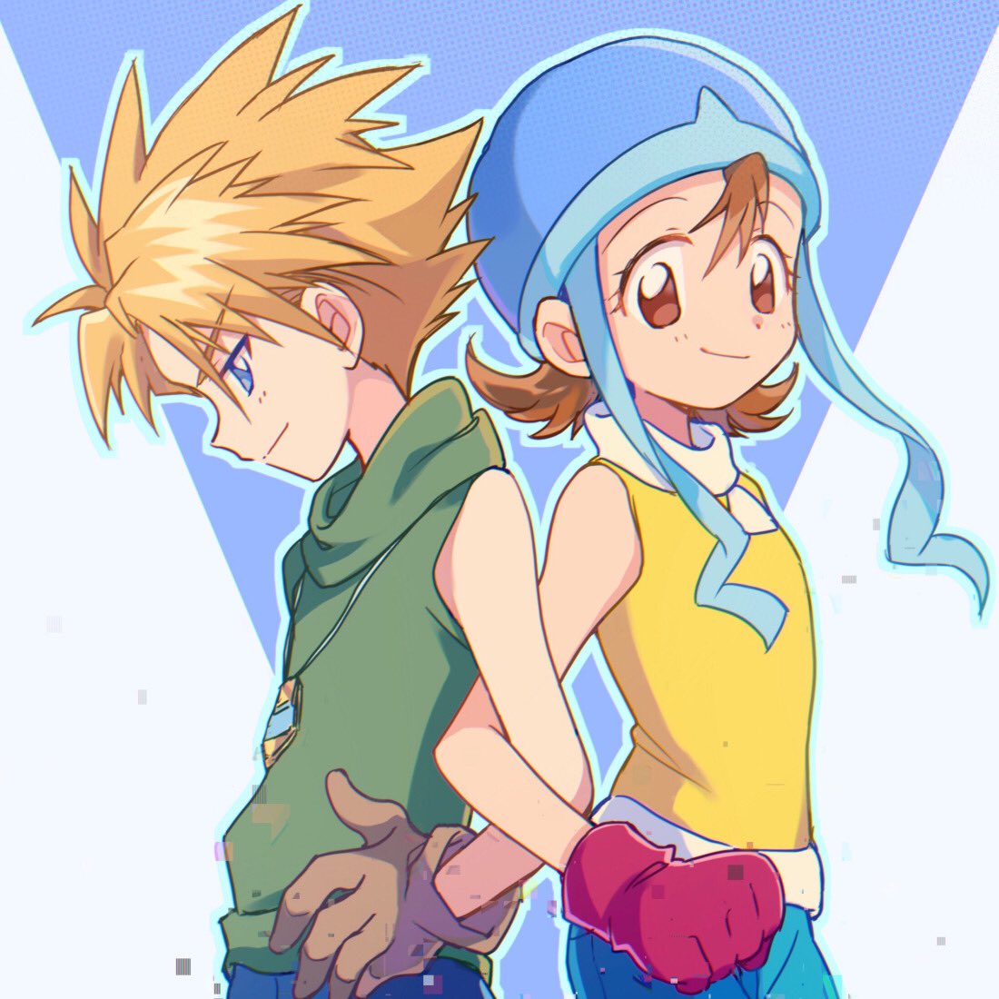 1boy 1girl back-to-back bangs bare_shoulders blonde_hair blue_eyes blue_headwear blue_pants brown_eyes brown_gloves brown_hair cowboy_shot digimon digimon_adventure flat_chest gloves green_shirt hair_between_eyes hat helmet ishida_yamato light_blush locked_arms looking_at_viewer looking_to_the_side pants parted_bangs red_gloves safe shirt short_hair sleeveless sleeveless_turtleneck smile spiky_hair suzuki_(2red_moon3) takenouchi_sora turtleneck yellow_shirt