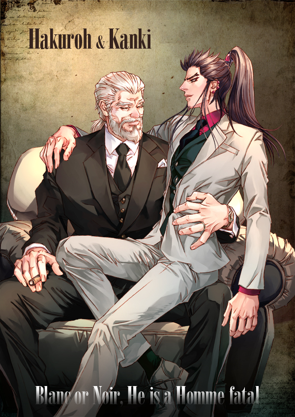 2boys arm_around_shoulder beard black_necktie black_pants black_suit black_vest brown_background brown_hair chair character_name cigar facial_hair formal hakurou_(kingdom) kanki_(kingdom) kingdom large_hands long_hair male_focus mature_male multiple_boys necktie pants pocket_square ponytail sitting suit thick_eyebrows vest watch white_hair white_suit yona_(edenkasuga)