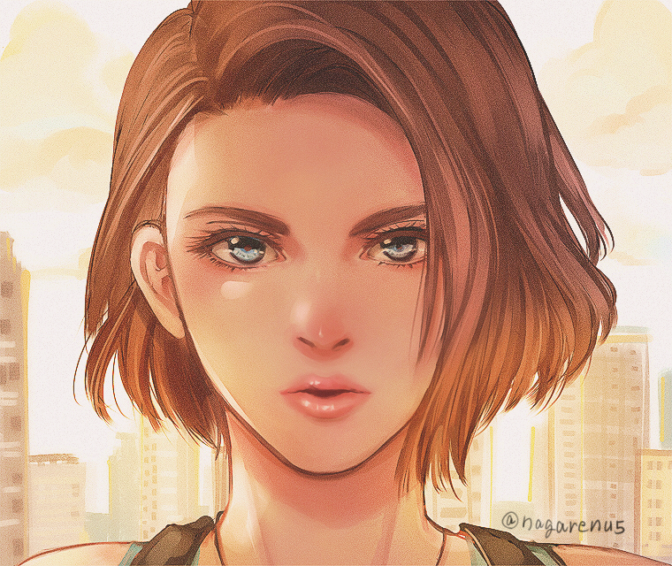 1girl blue_eyes brown_hair city forehead jill_valentine lips looking_at_viewer nagare resident_evil resident_evil_3 resident_evil_3_(remake) short_hair solo