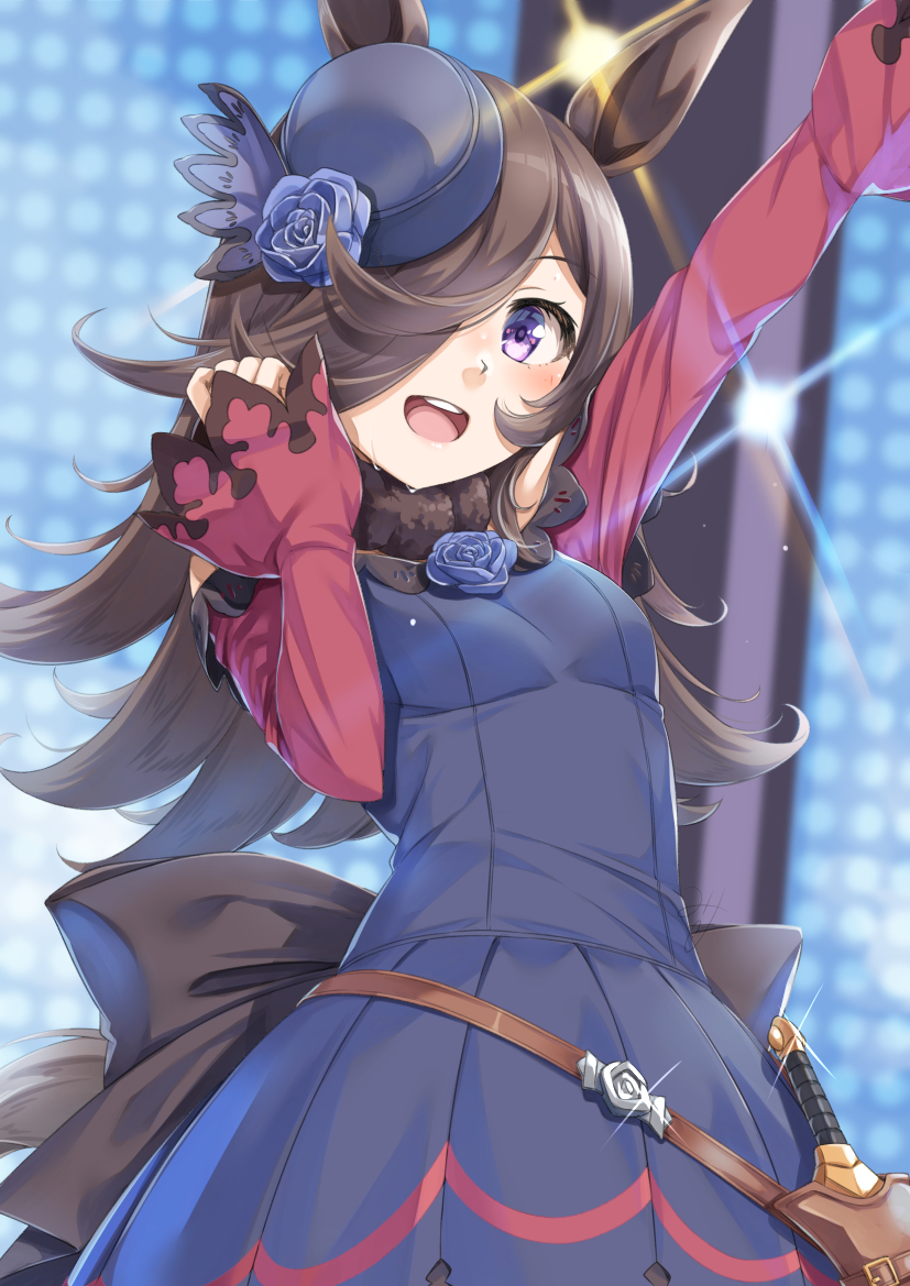 1girl :d animal_ears arm_up bangs bare_shoulders black_bow black_headwear blue_dress blue_flower blue_rose blurry blurry_background blush bow breasts brown_hair commentary_request dagger depth_of_field dress flower glint hair_over_one_eye hat hat_flower horse_ears horse_girl horse_tail knife long_hair looking_at_viewer miri_(ago550421) off-shoulder_dress off_shoulder open_mouth purple_eyes rice_shower_(umamusume) rose sheath sleeves_past_wrists small_breasts smile solo tail tilted_headwear umamusume very_long_hair violet_eyes weapon