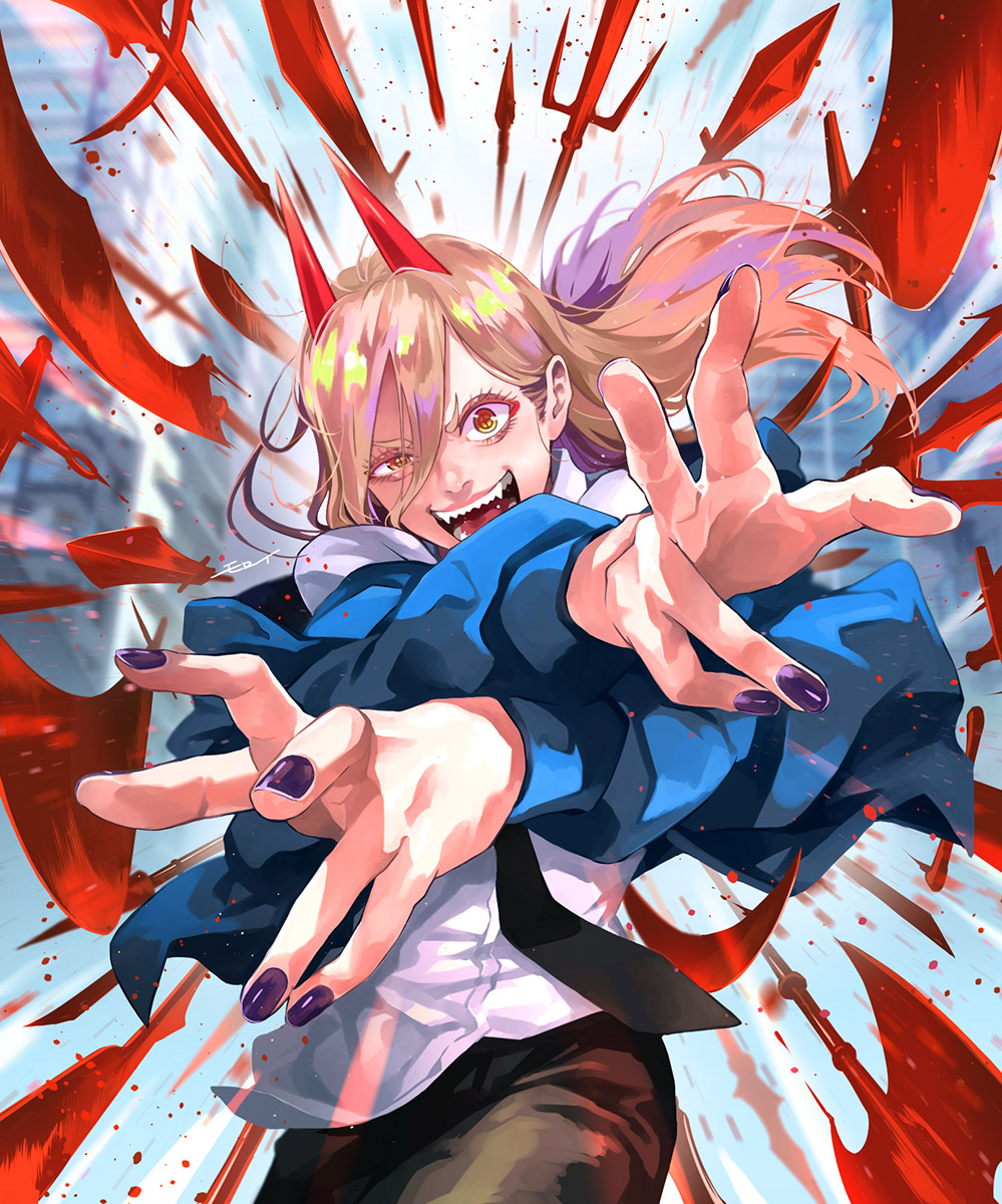 1girl black_nails black_necktie black_pants blonde_hair blood blood_splatter blood_sword blue_hoodie chainsaw_man commentary_request crosshair_pupils demon_girl demon_horns facing_viewer fingernails hemokinesis highres hood hoodie horns long_hair looking_at_viewer monster_girl moroi nail_polish necktie open_mouth outstretched_arms pants power_(chainsaw_man) red_horns red_nails sharp_fingernails sharp_teeth shirt shirt_half_tucked_in solo teeth weapon white_shirt