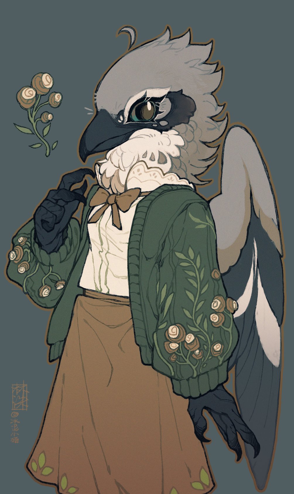 1girl arm_at_side artist_name beak bird_girl bird_wings blue_sclera bow bowtie brown_eyes brown_flower brown_outline cardigan colored_sclera commentary english_commentary feathered_wings feet_out_of_frame floral_print from_side furry furry_female gloves green_cardigan grey_feathers hand_up highres lace-trimmed_shirt lace_trim open_cardigan open_clothes orange_bow orange_bowtie orange_skirt original shirt shuini_xiaomao signature skirt solo standing talons white_shirt wings
