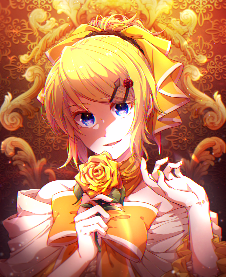 1girl aku_no_musume_(vocaloid) bangs blonde_hair bow brown_background collar dress evillious_nendaiki flower hair_bow hair_flower hair_ornament hairclip hand_up holding holding_flower kagamine_rin looking_at_viewer masaki_(star8moon) off-shoulder_dress off_shoulder orange_collar parted_lips patterned_background ponytail riliane_lucifen_d'autriche rose short_ponytail smile solo swept_bangs upper_body violet_eyes vocaloid white_bow yellow_bow yellow_dress yellow_flower yellow_nails yellow_rose