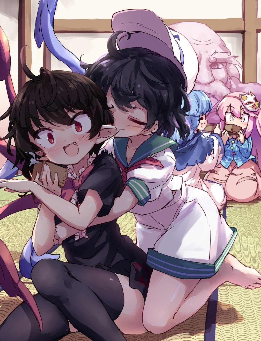 1boy 4girls asymmetrical_wings biting black_dress black_hair black_legwear black_thighhighs blue_hair blue_shirt blue_wings bow bowtie closed_eyes dress ear_biting fang fox_mask hat hata_no_kokoro highres houjuu_nue indoors isu_(is88) kumoi_ichirin long_hair mask mask_on_head multiple_girls murasa_minamitsu open_mouth pink_hair pink_skirt pointy_ears red_bow red_bowtie red_eyes red_wings sailor_collar sailor_hat shirt short_hair short_sleeves shorts skirt thigh-highs thighhighs touhou unzan white_dress white_headwear white_shirt white_shorts wings zettai_ryouiki