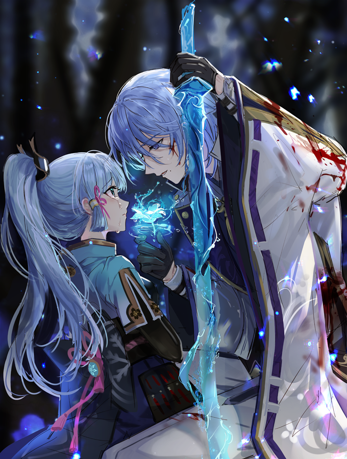 1boy 1girl arm_up armor bangs black_gloves blood blood_on_clothes blood_on_face blue_eyes blue_hair blue_jacket blunt_tresses blurry blurry_background brother_and_sister crying crying_with_eyes_open face-to-face flower flower_knot fractalmagnolia genshin_impact gloves hair_between_eyes hair_over_eyes hair_ribbon high_ponytail holding holding_sword holding_weapon hydrokinesis jacket japanese_armor japanese_clothes kamisato_ayaka kamisato_ayato kusazuri long_hair long_sleeves looking_at_another mole mole_under_mouth parted_lips ponytail profile ribbon siblings sidelocks sword tassel tears tress_ribbon vision_(genshin_impact) water weapon wide_sleeves