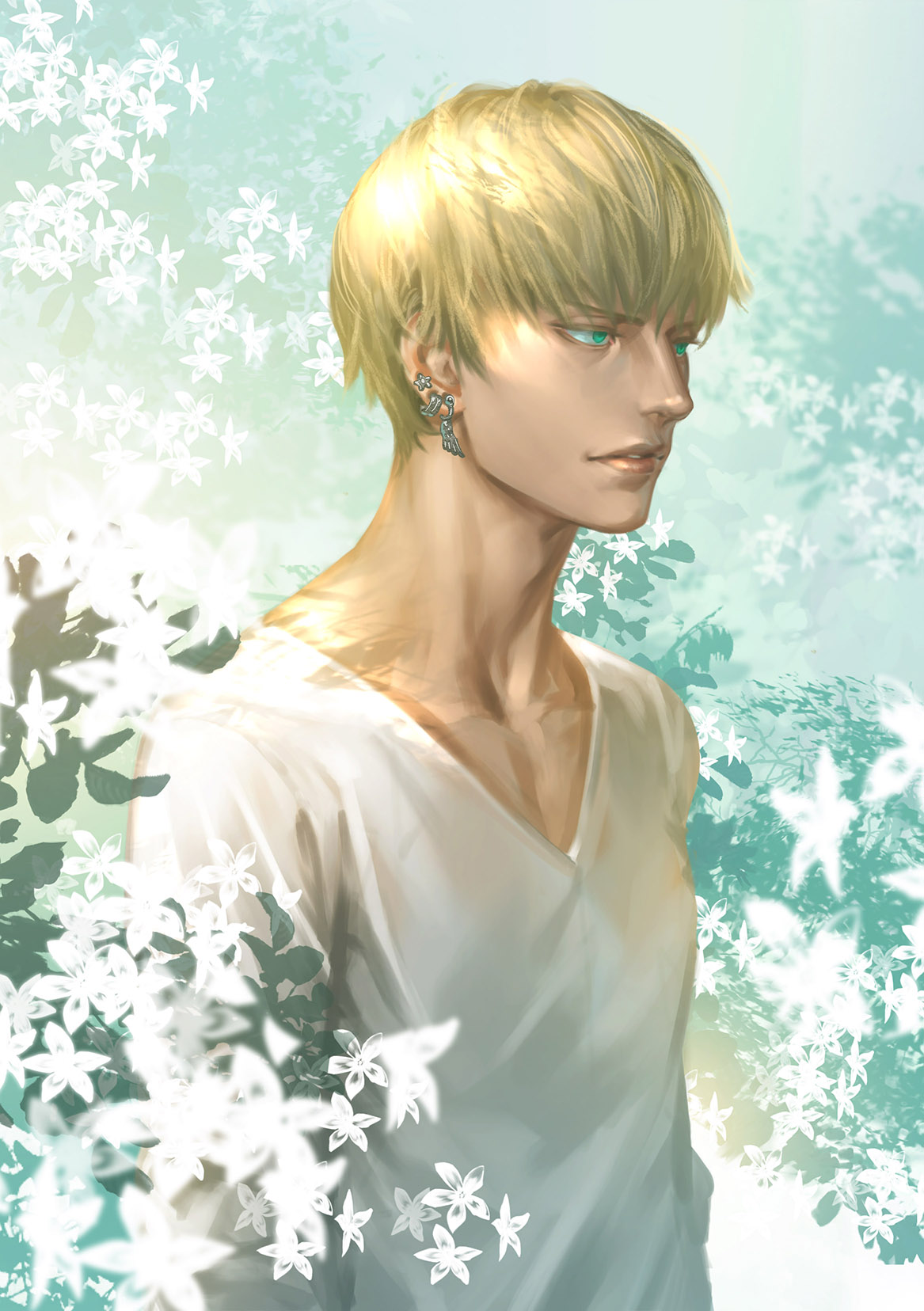 1boy adam_fox akakokko_(niro_azarashi) birdmen blonde_hair blue_eyes bug butterfly collarbone ear_piercing earrings flower highres insect jewelry leaf male_focus open_mouth parted_lips piercing safe shirt short_hair solo t-shirt