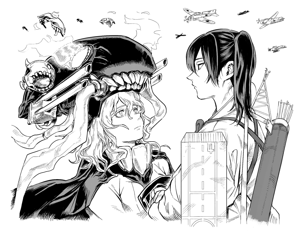 2girls abyssal_ship aircraft airplane arrow_(projectile) crossed_arms flight_deck frown greyscale hat height_difference hiro_(chumo) japanese_clothes kaga_(kancolle) kaga_(kantai_collection) kantai_collection monochrome multiple_girls quiver shinkaisei-kan side_ponytail wo-class_aircraft_carrier