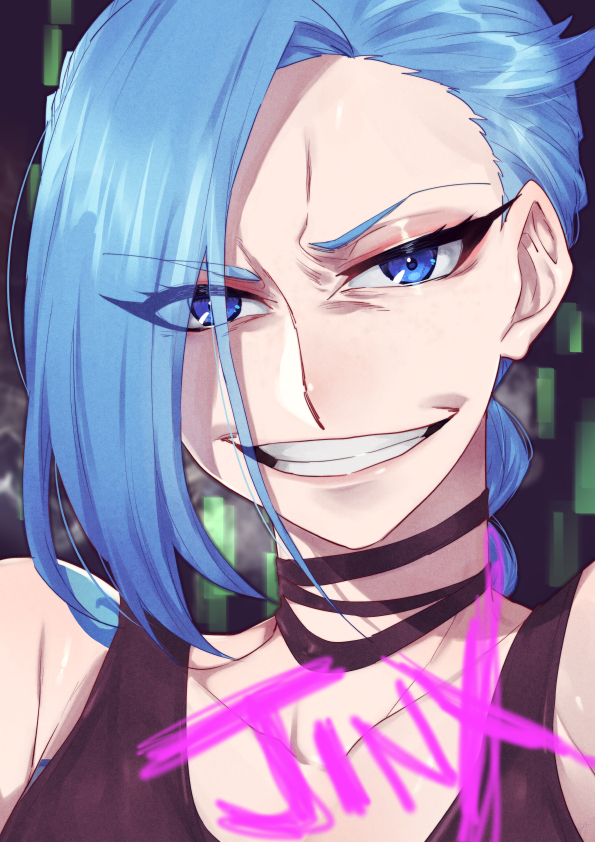 1boy 1girl arcane:_league_of_legends arcane_jinx asymmetrical_bangs bangs black_choker blue_eyes blue_hair braid brown_shirt character_name choker collarbone commentary_request grin jinx_(league_of_legends) league_of_legends looking_at_viewer portrait ruga_(vagryu) safe shiny shiny_hair shiny_skin shirt smile solo teeth