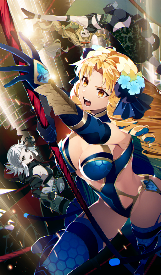 3girls artist_request ass astraea_(fate) blonde_hair breasts camouflage cleavage climbing craft_essence_(fate) drill_hair fate/grand_order fate_(series) gloves long_hair multiple_girls official_art open_mouth penthesilea_(fate) quetzalcoatl_(fate) rope safe thighhighs white_hair yellow_eyes