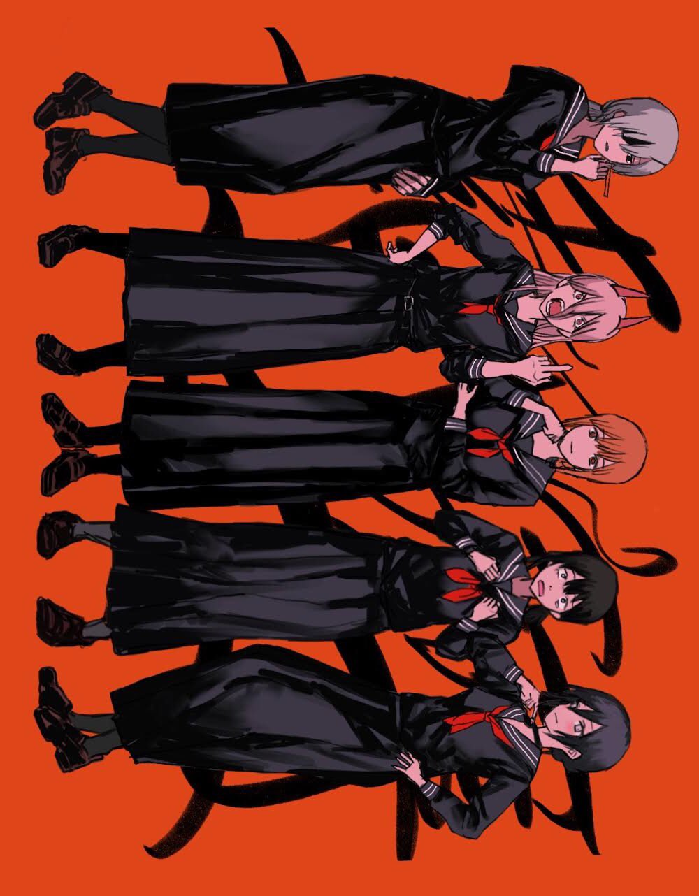 5girls alternate_costume angry black_choker black_eyes black_hair black_serafuku black_skirt brown_footwear brown_hair chainsaw_man choker closed_mouth demon_horns eyepatch full_body grey_hair hand_on_hip hand_on_own_chin higashiyama_kobeni highres horns loafers long_hair long_skirt long_sleeves looking_at_viewer low_ponytail makima_(chainsaw_man) middle_finger multiple_girls neckerchief open_mouth orange_background orange_eyes orange_hair pink_hair pleated_skirt ponytail power_(chainsaw_man) quanxi_(chainsaw_man) red_horns red_neckerchief reze_(chainsaw_man) ruyu_(txzy22) safe sailor_collar school_uniform serafuku shoes short_hair sketch skirt