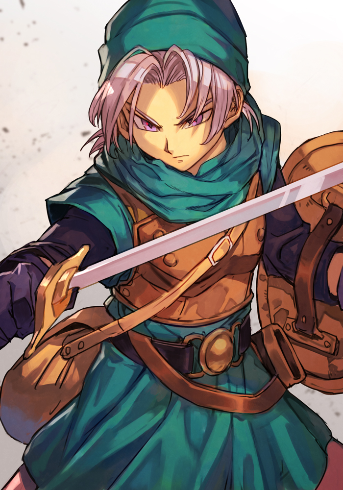 1boy armor bag belt black_gloves closed_mouth dragon_quest dragon_quest_vi dress gloves green_dress green_headwear hankuri hat holding holding_shield holding_sword holding_weapon looking_at_viewer male_focus purple_hair safe shield short_hair shoulder_bag simple_background solo sword terry_(dq6) v-shaped_eyebrows violet_eyes weapon white_background