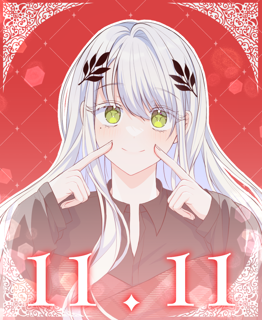 1girl black_shirt blush closed_mouth collared_shirt commentary dated dress_shirt green_eyes hair_ornament hk416_(girls_frontline) index_finger_raised long_hair looking_at_viewer mamel_27 original red_background safe shirt single_hair_intake smile solo upper_body white_hair
