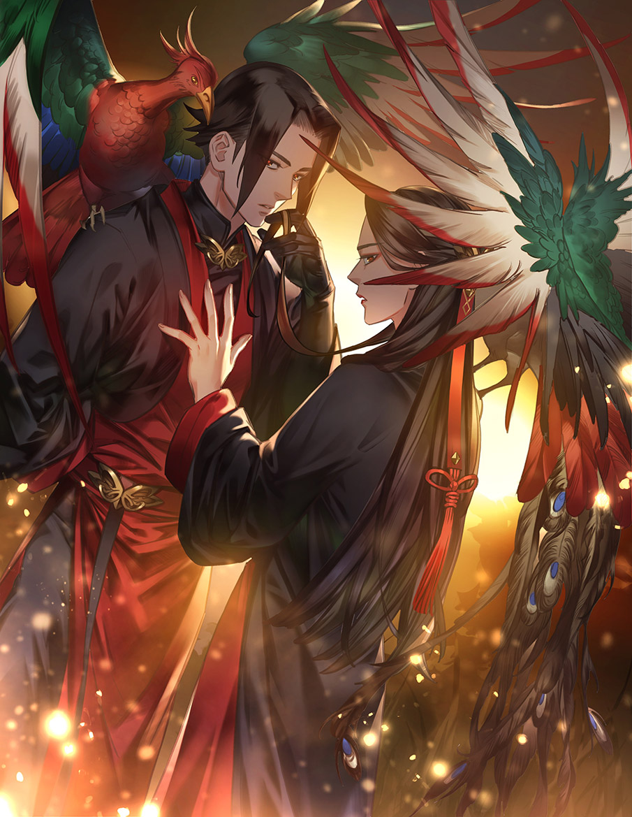 1boy 1girl akakokko_(niro_azarashi) animal_on_shoulder bird bird_on_shoulder birdmen black_gloves black_hair gloves hand_on_another's_chest long_hair long_sleeves looking_at_viewer multiple_boys open_mouth peacock peacock_feathers red_eyes short_hair twintails wang_guang_feng wang_ying_huang wide_sleeves