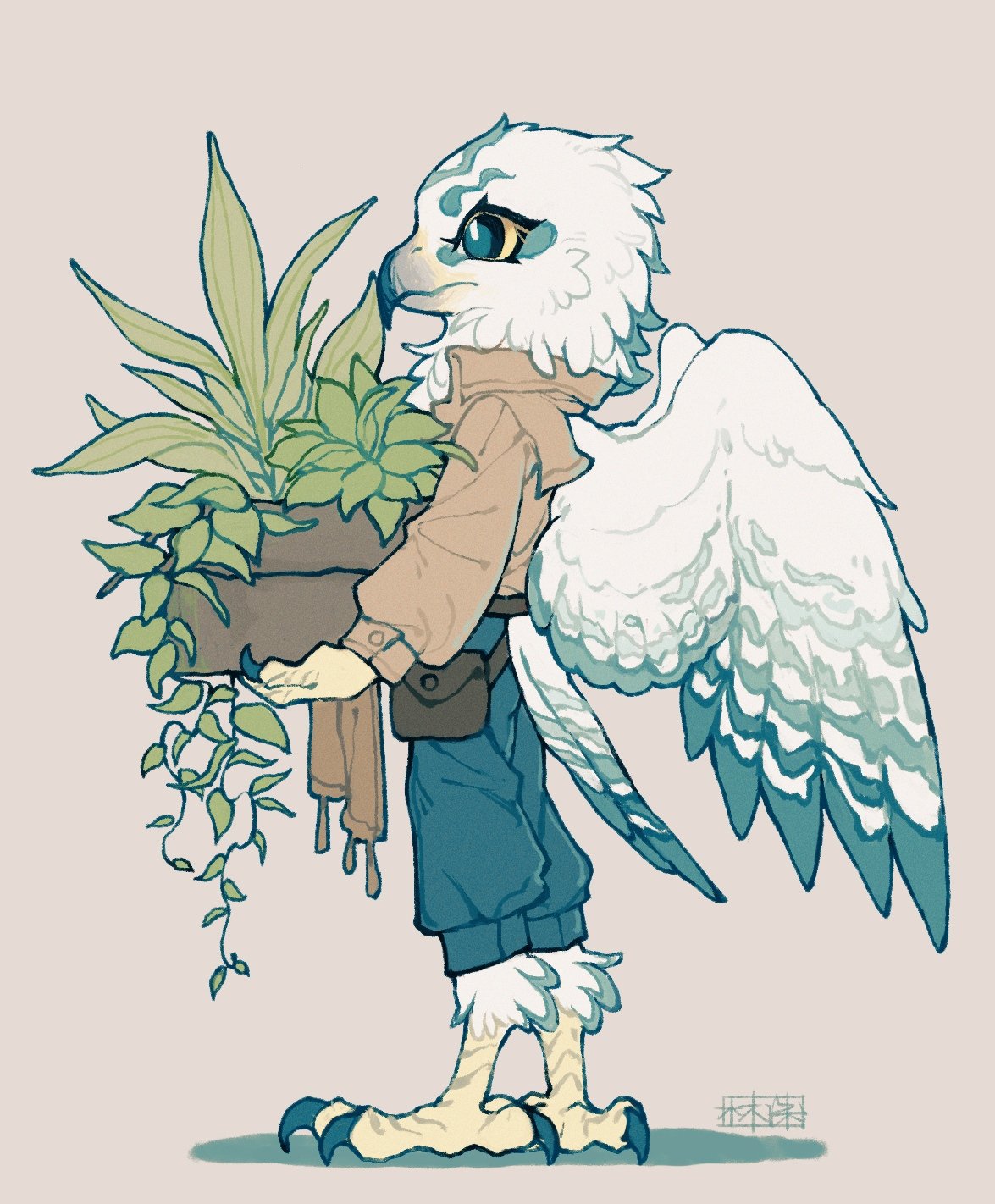 1boy artist_name beak bird_boy bird_legs bird_tail bird_wings black_eyes blue_pants brown_jacket carrying colored_sclera feathered_wings feathers from_side full_body furry furry_male gradient gradient_background grey_background highres holding holding_plant jacket leaf long_sleeves male_focus original owl_boy pants plant potted_plant pouch profile shuini_xiaomao signature simple_background solo standing tail talons white_feathers wings yellow_sclera