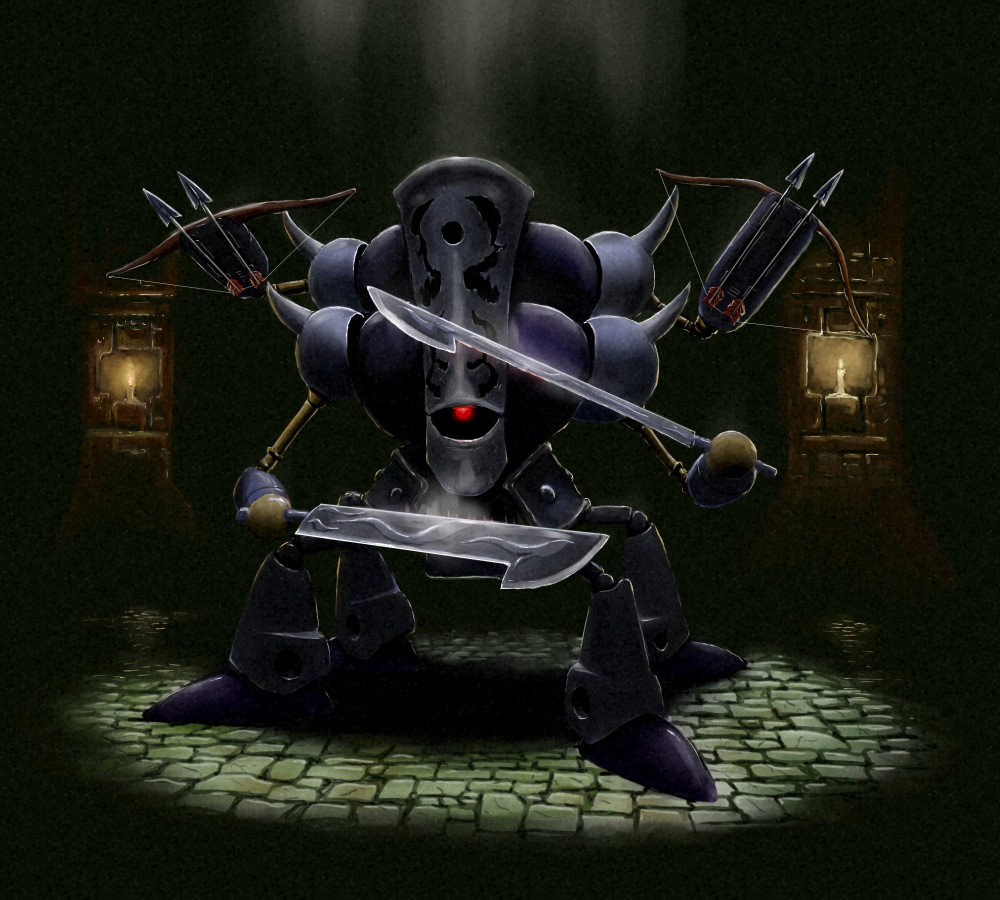 arrow_(projectile) bow candle dragon_quest dragon_quest_ix extra_legs full_body glowing glowing_eye holding holding_sword holding_weapon looking_at_viewer mecha monster no_humans one-eyed realistic red_eyes robot safe solo spikes sword taganer trauminator weapon