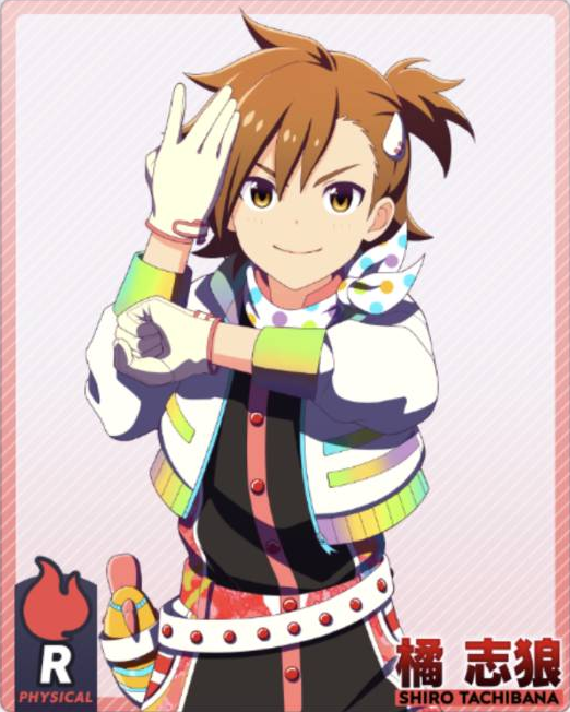 1boy brown_eyes brown_hair character_name gloves halftone halftone_background idolmaster_side-m_glowing_stars jacket male_focus polka_dot polka_dot_background short_hair smile solo tachibana_shirou white_gloves