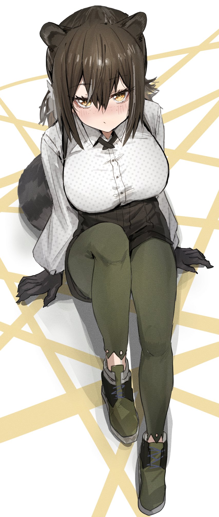 1girl animal_ears animal_hands arknights black_gloves blush breasts brown_hair commentary from_above gloves green_eyes hair_between_eyes highres knee_up large_breasts legwear_under_shorts long_sleeves looking_at_viewer polka_dot polka_dot_shirt raccoon_ears raccoon_girl raccoon_tail raw_egg_lent robin_(arknights) shirt shorts sitting solo tail white_shirt