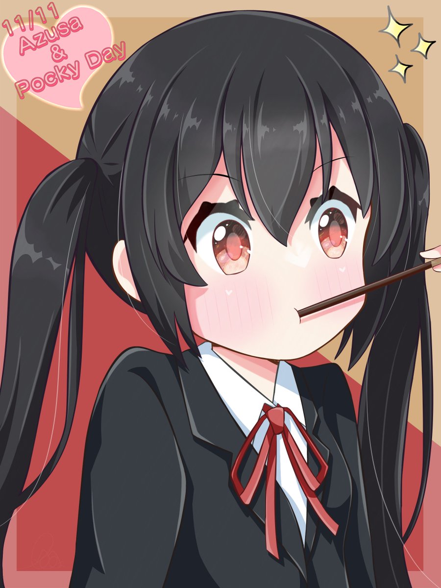 1girl 1other bangs beenyan_1203 black_hair black_jacket blazer blush brown_eyes character_name collared_shirt commentary_request dated food food_in_mouth hair_between_eyes highres jacket k-on! long_hair mouth_hold nakano_azusa neck_ribbon pocky pocky_day red_ribbon ribbon safe sakuragaoka_high_school_uniform school_uniform shirt sidelocks solo solo_focus twintails upper_body white_shirt