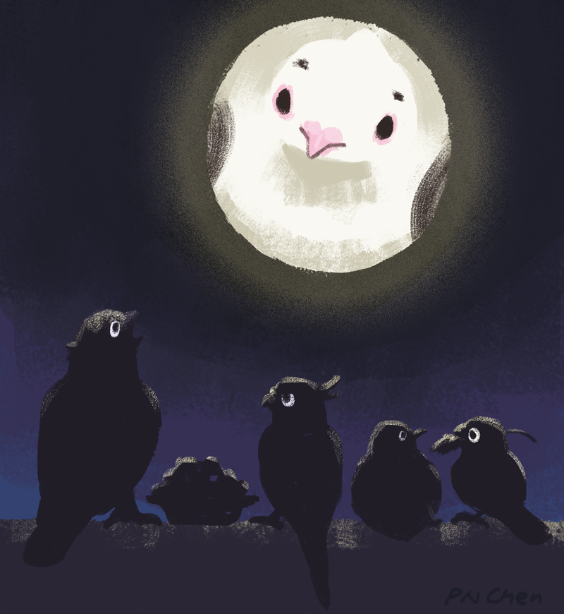 animal animal_focus artist_name backlighting bird black_eyes blue_sky chenpn closed_mouth commentary_request from_behind full_body full_moon gradient_sky looking_up moon night no_humans original outdoors pigeon signature silhouette sitting sketch sky