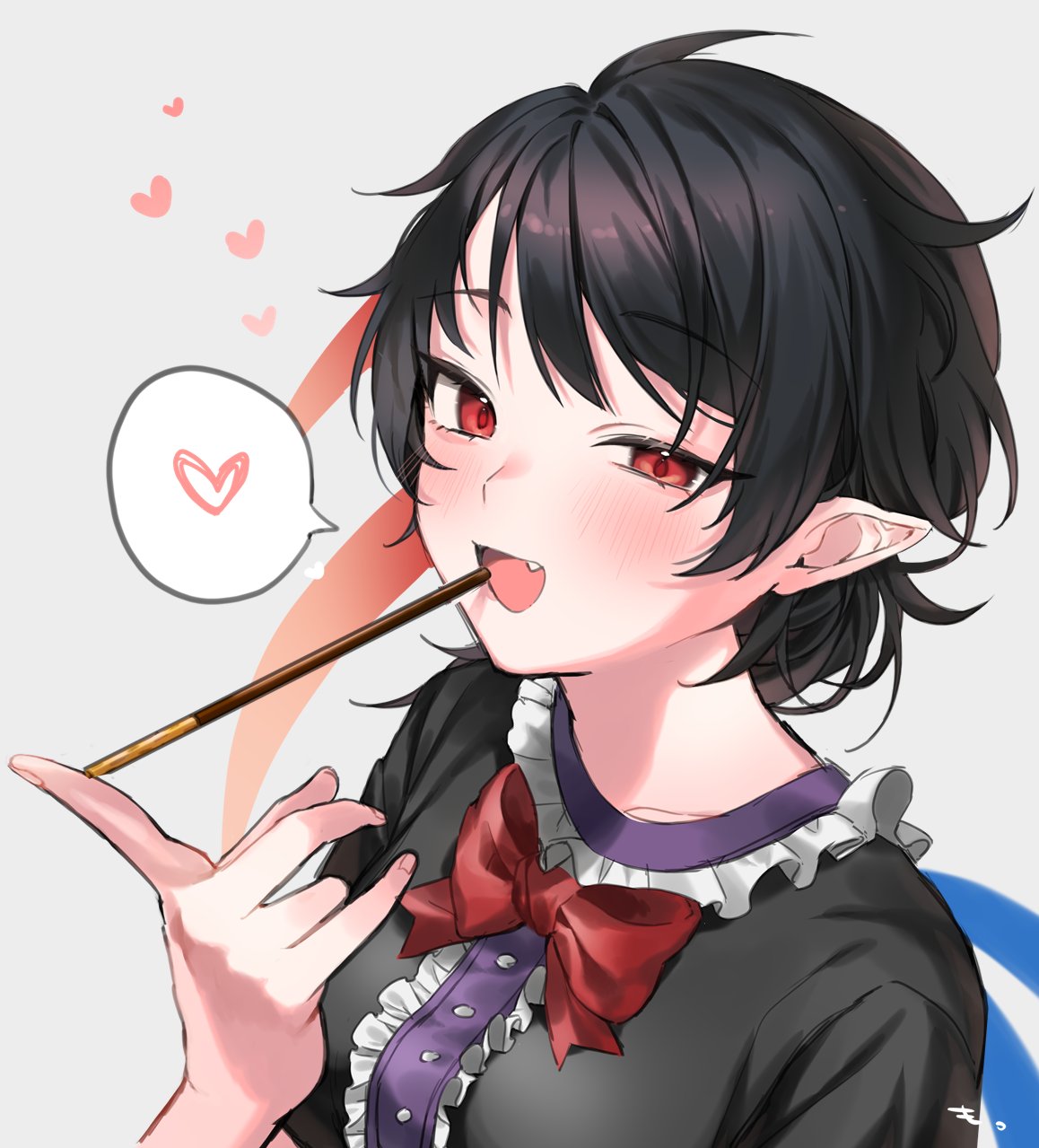 1girl :d asymmetrical_wings black_dress black_hair blush bow bowtie center_frills dress fang food frills gradient gradient_background half-closed_eyes heart highres houjuu_nue makita_(vector1525) open_mouth pocky pocky_in_mouth pointy_ears red_bow red_bowtie red_eyes safe smile solo spoken_heart touhou uneven_eyes upper_body wings