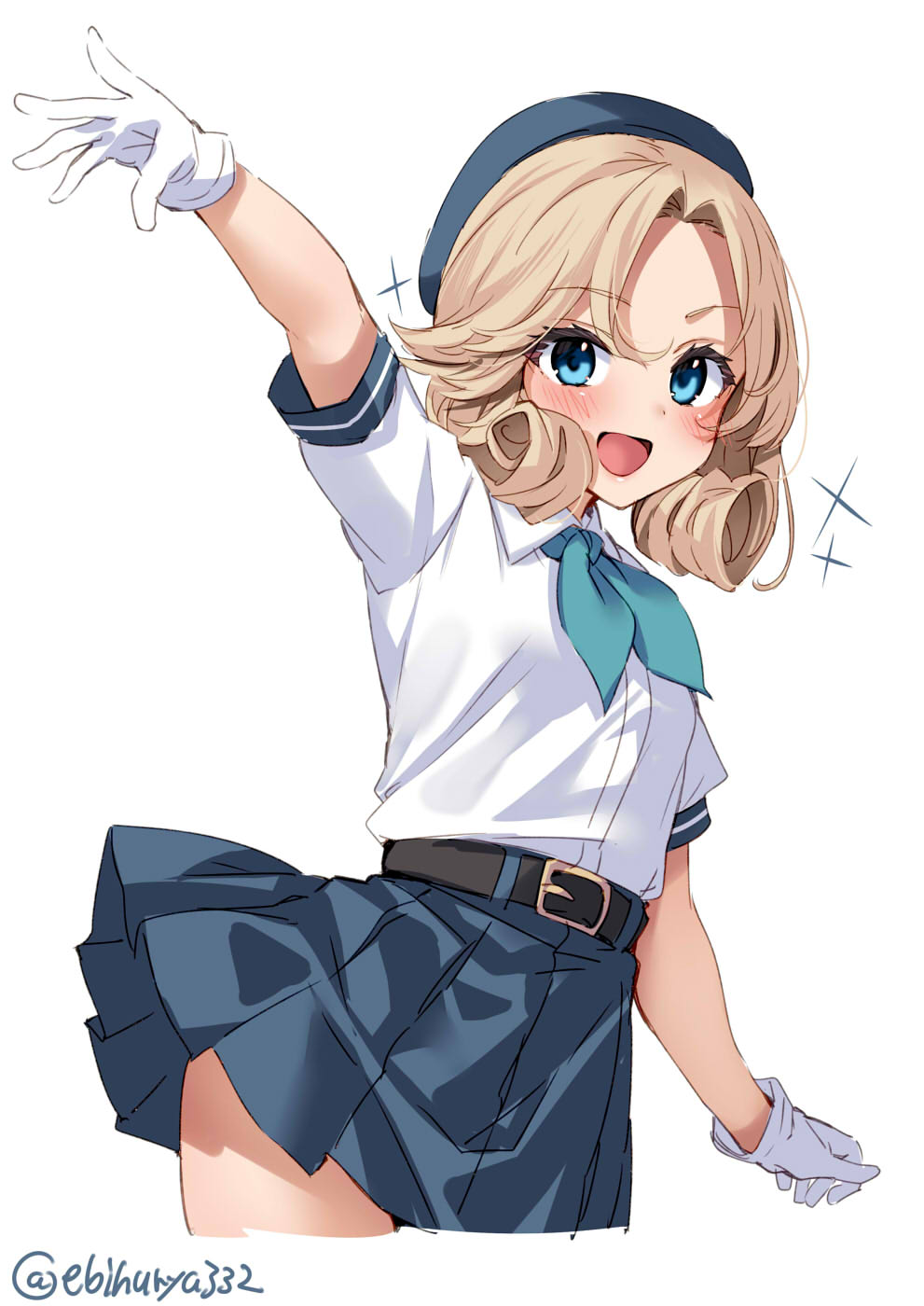 1girl alternate_costume ascot belt blonde_hair blue_ascot blue_eyes blue_skirt blush collared_shirt cowboy_shot ebifurya gloves gradient gradient_background hair_between_eyes hat highres janus_(kancolle) kantai_collection looking_at_viewer official_alternate_costume one-hour_drawing_challenge open_mouth safe sailor_collar school_uniform shirt short_hair simple_background skirt smile solo sparkle twitter_username white_background white_gloves white_shirt