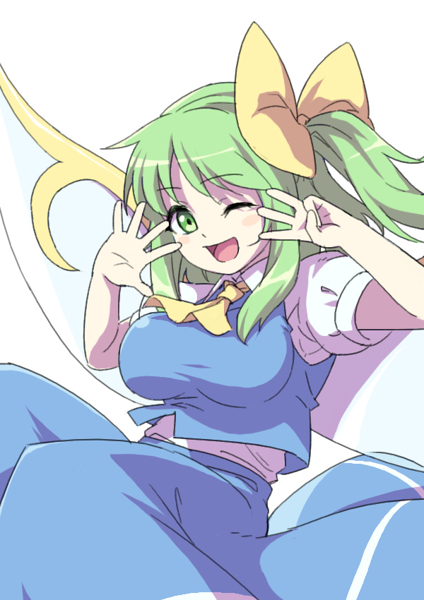 1girl ;d ascot blue_skirt blue_vest blush_stickers bow breasts collared_shirt commentary_request cowboy_shot daiyousei dot_nose fairy_wings green_eyes green_hair hair_bow hair_ribbon itani_illust large_breasts looking_at_viewer middle_w one_eye_closed open_mouth puffy_short_sleeves puffy_sleeves ribbon safe shirt short_hair short_sleeves side_ponytail sidelocks simple_background skirt skirt_set smile solo touhou vest w white_background white_shirt wings yellow_ascot yellow_bow