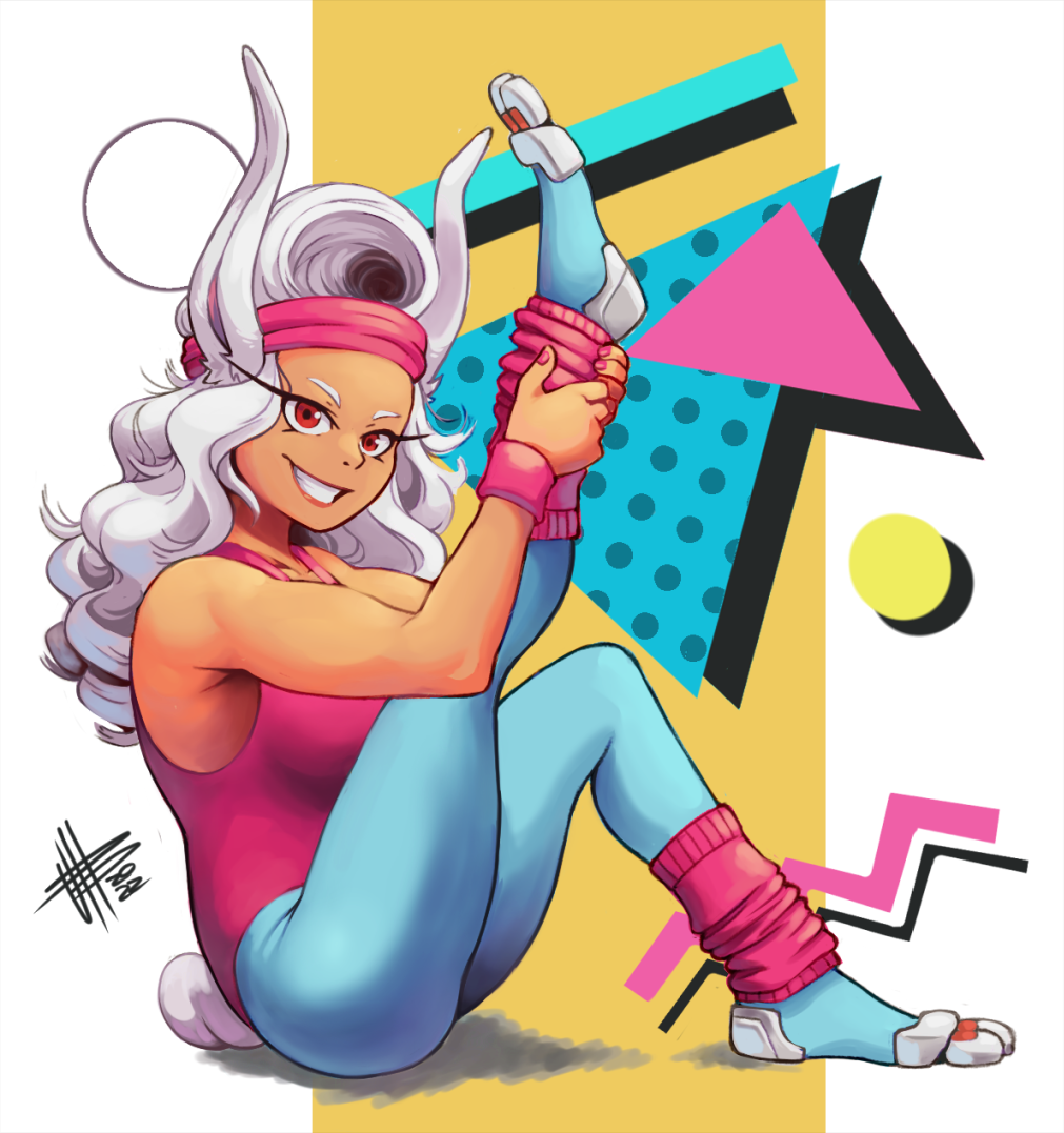 1980s_(style) 1girl animal_ears boku_no_hero_academia bunny_ears bunny_tail cosplay gym_uniform leg_warmers leotard long_hair mateus_upd mirko pink_leotard rabbit_ears rabbit_tail retro_artstyle safe scrunchie smile solo stretching tail white_hair wrist_scrunchie