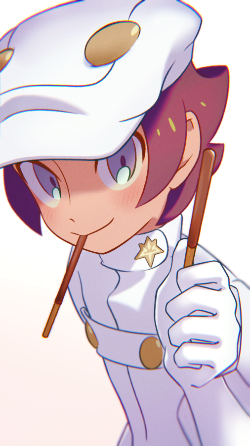 1boy aether_foundation_employee aether_foundation_uniform blue_eyes blurry blush brown_hair closed_mouth food grey_eyes hand_up hat holding holding_food holding_pocky jumpsuit komurapk looking_at_viewer male_focus mouth_hold pocky pocky_in_mouth pokemon pokemon_(game) pokemon_sm safe short_hair smile solo upper_body white_headwear white_jumpsuit