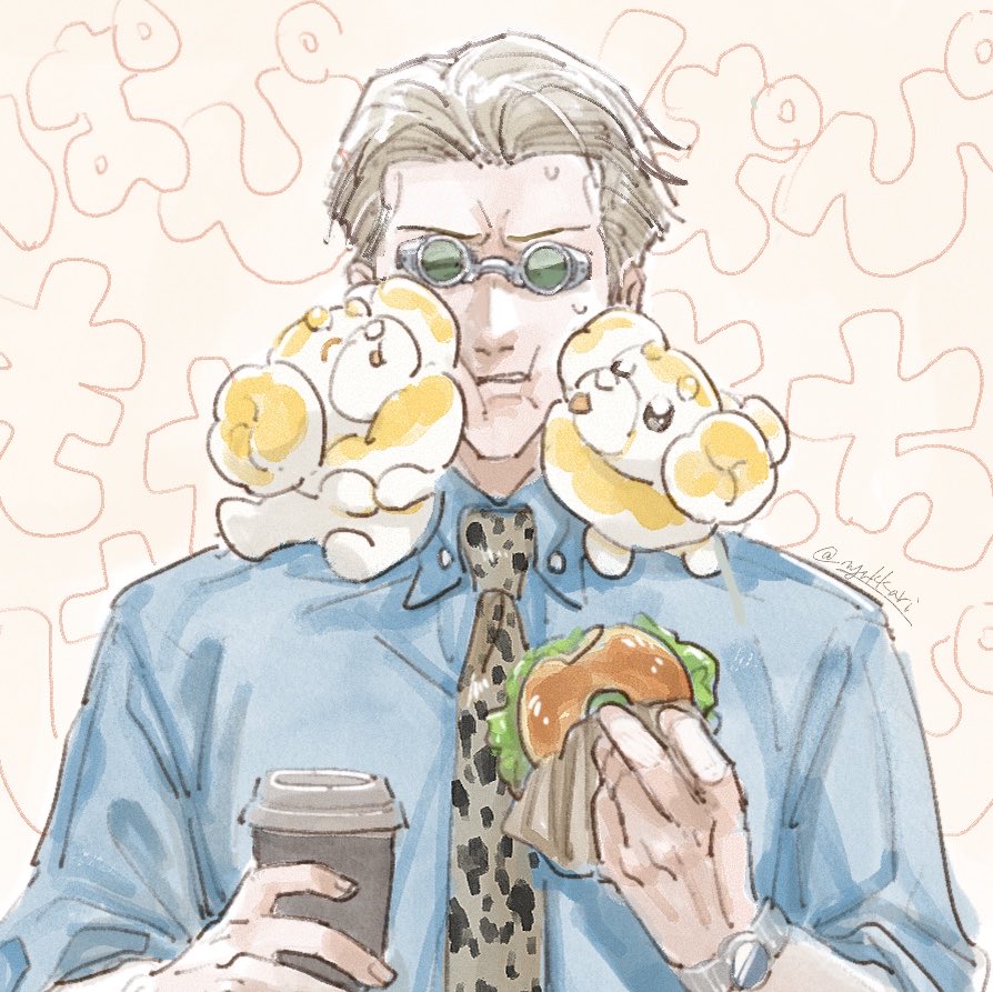 1boy animal_print blonde_hair blue_shirt coffee_cup collared_shirt commentary_request cup disposable_cup dog fidough food goggles holding holding_cup holding_food leopard_print lettuce long_sleeves looking_at_viewer male_focus nanami_kento nekoyanaginekoko pokemon pokemon_(creature) pokemon_(game) pokemon_sv safe sandwich shirt short_hair solo standing upper_body watch
