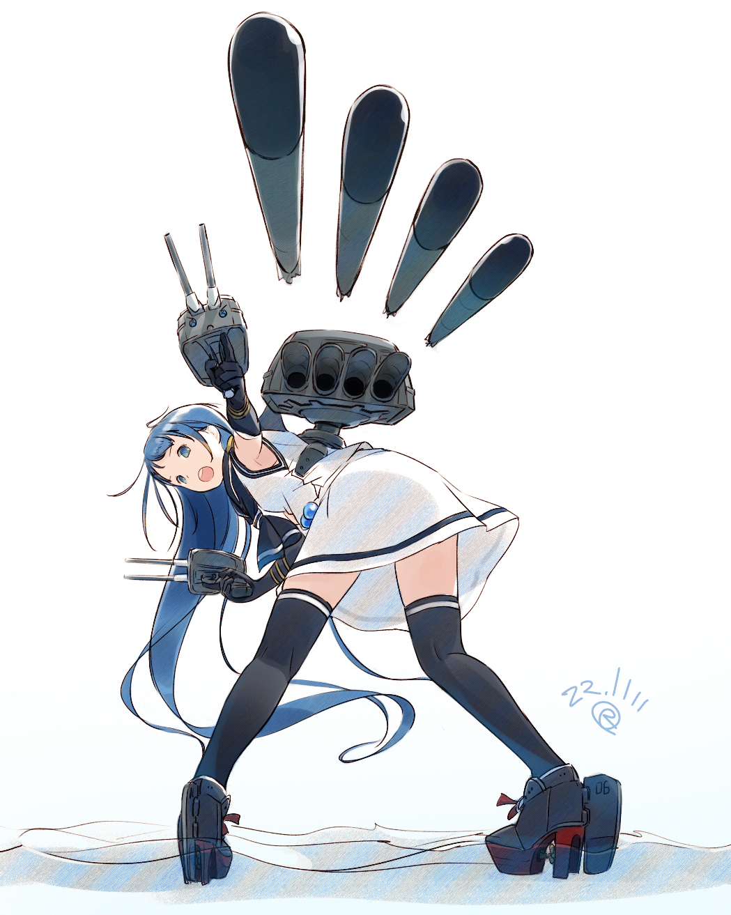 1girl bangs black_legwear black_neckerchief black_sailor_collar blue_eyes blue_hair elbow_gloves firing from_behind gloves gradient_hair highres kantai_collection kokudou_juunigou leaning_forward long_hair looking_back multicolored_hair neckerchief rudder_footwear sailor_collar samidare_(kancolle) samidare_(kantai_collection) school_uniform serafuku shirt simple_background sleeveless sleeveless_shirt solo swept_bangs thigh-highs thighhighs torpedo very_long_hair white_background