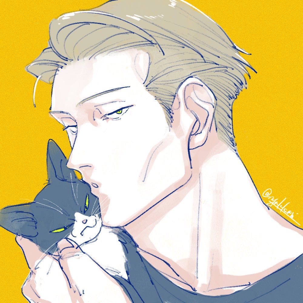 1boy animal blonde_hair cat english_commentary holding holding_animal holding_cat jujutsu_kaisen kiss looking_at_viewer male_focus nanami_kento nekoyanaginekoko one_eye_closed portrait safe short_hair solo twitter_username yellow_background yellow_eyes