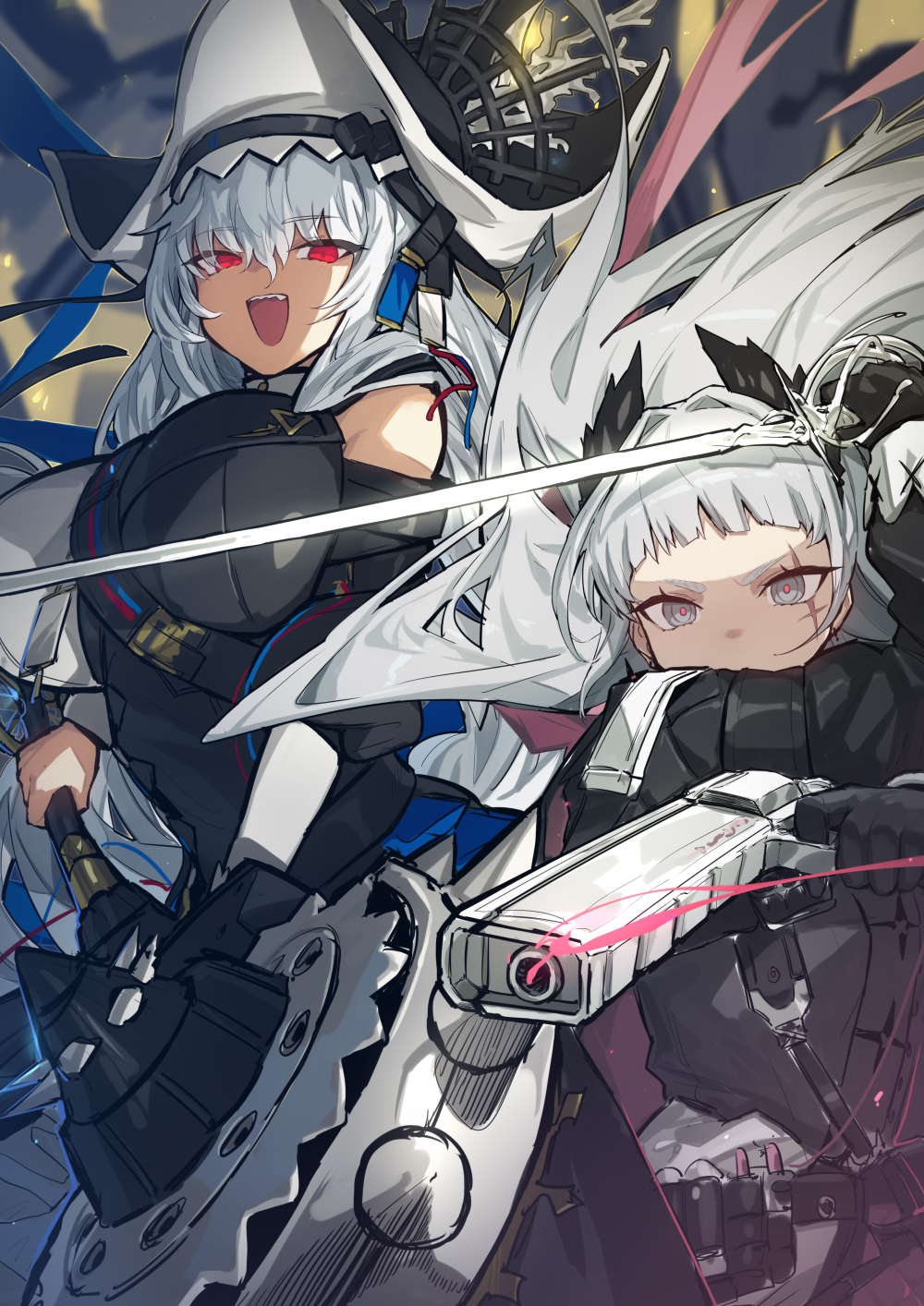 2girls ammunition_belt arknights bangs black_dress black_gloves black_headwear blunt_bangs braid circular_saw dress gloves grey_eyes grey_hair gun head_wings highres holding holding_gun holding_sword holding_weapon irene_(arknights) long_hair melon22 multiple_girls official_alternate_costume open_mouth rapier red_eyes scar scar_across_eye scar_on_face sharp_teeth smile specter_(arknights) specter_the_unchained_(arknights) sword teeth two-tone_dress weapon