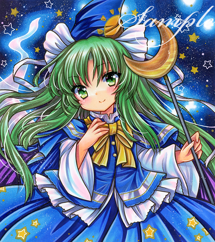 1girl bangs blue_background blue_cape blue_headwear blue_skirt blue_vest blush bow bowtie buttons cape closed_mouth constellation crescent crescent_moon embellished_costume floating_hair ghost_tail green_eyes green_hair hat hat_ribbon head_tilt holding holding_staff long_hair long_sleeves looking_at_viewer marker_(medium) mima mima_(touhou) ribbon rui_(sugar3) sample_watermark shirt skirt sky smile solo staff star_(sky) star_(symbol) star_print starry_background starry_sky sun_(symbol) sun_print touhou touhou_(pc-98) traditional_media very_long_hair vest white_ribbon white_shirt wide_sleeves wizard_hat yellow_bow yellow_bowtie