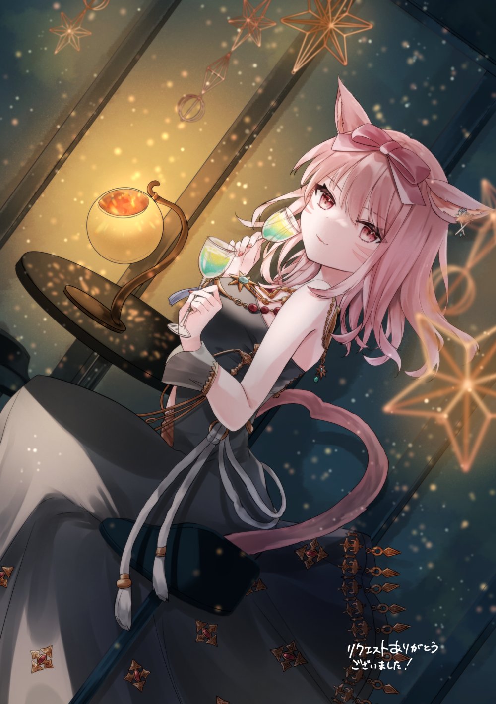 1girl animal_ears avatar_(ff14) bar_stool black_dress bow breasts cat_ears cat_girl cat_tail commission cup dress drinking_glass final_fantasy final_fantasy_xiv hair_bow highres light_brown_hair looking_at_viewer medium_breasts medium_hair miqo'te on_stool pink_eyes pink_hair round_table safe saiko_(saisaka) sitting skeb_commission smile solo stool strapless strapless_dress table tail