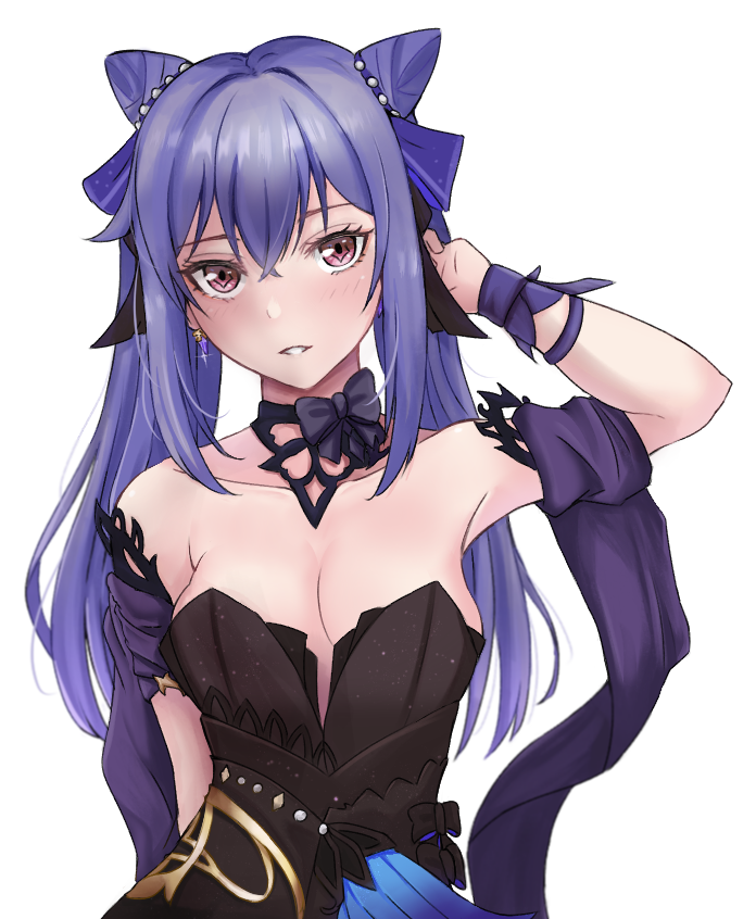 1girl armpits bare_shoulders breasts cleavage cone_hair_bun detached_sleeves diamond-shaped_pupils diamond_(shape) dress earrings genshin_impact gurunnobia hair_bun hair_ears jewelry keqing_(genshin_impact) keqing_(opulent_splendor)_(genshin_impact) long_hair medium_breasts official_alternate_costume pearl_hair_ornament purple_hair simple_background solo strapless strapless_dress symbol-shaped_pupils twintails two-tone_dress violet_eyes white_background