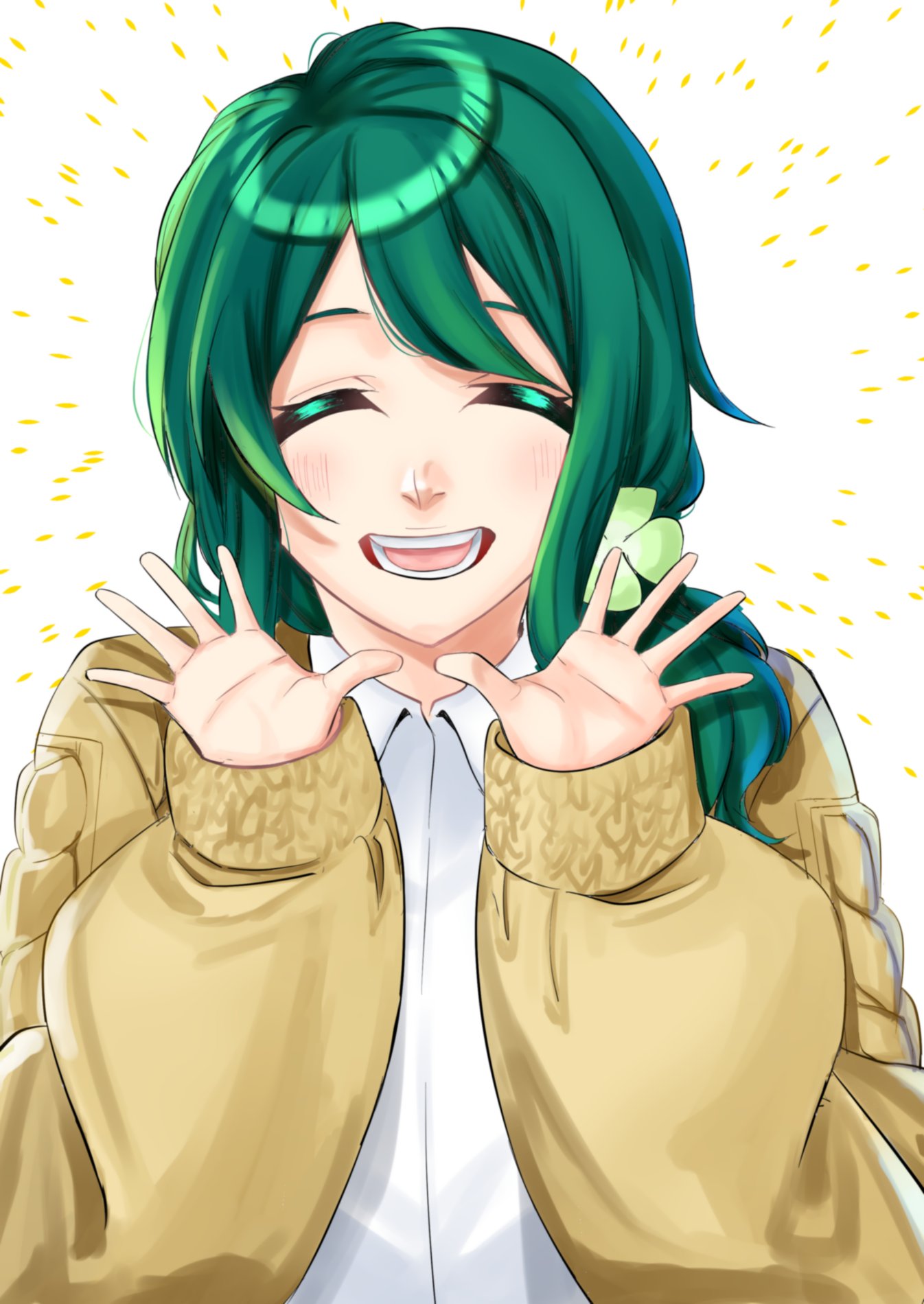 1girl :d blush closed_eyes clover_hair_ornament coat facing_viewer green_hair hair_ornament halca_chica hands_up highres indie_virtual_youtuber long_hair long_sleeves open_mouth safe shirt simple_background smile solo sumi_suya upper_body virtual_youtuber white_background white_shirt yellow_coat
