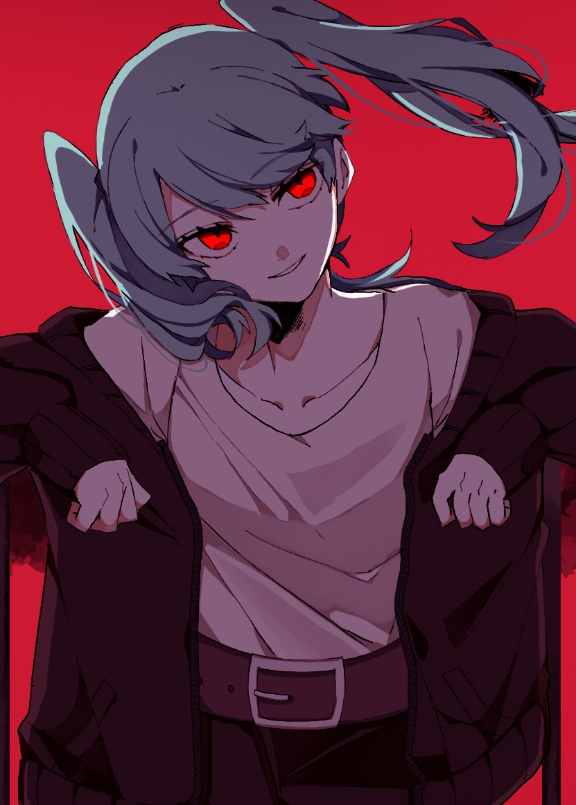 1girl against_railing belt black_jacket blue_hair collarbone eiku eyelashes hair_between_eyes hatsune_miku head_tilt jacket long_hair long_sleeves looking_at_viewer open_clothes open_jacket protected_link railing red_background red_eyes shirt sidelocks simple_background sleeves_past_wrists smile solo twintails vocaloid white_shirt