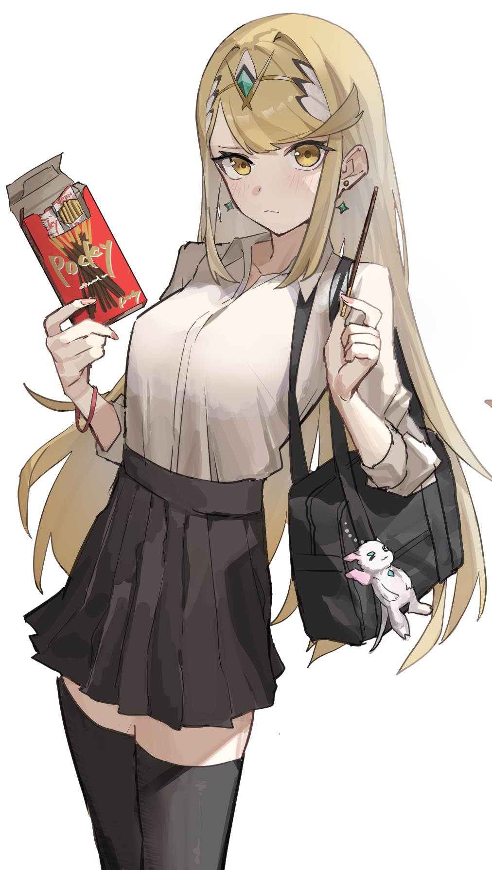 1girl bag bangs black_bag black_legwear black_skirt blonde_hair blush breasts closed_mouth collarbone collared_shirt commentary_request cowboy_shot earrings fingernails food gem hair_ornament handbag headpiece highres hikari_(xenoblade_2) holding holding_food holding_pocky jewelry large_breasts long_hair long_sleeves looking_at_viewer miaxkr mythra_(xenoblade) pleated_skirt pocky shirt simple_background skirt solo standing stuffed_animal stuffed_toy swept_bangs thigh-highs thighhighs tiara white_background white_shirt xenoblade_chronicles_(series) xenoblade_chronicles_2 yellow_eyes zettai_ryouiki