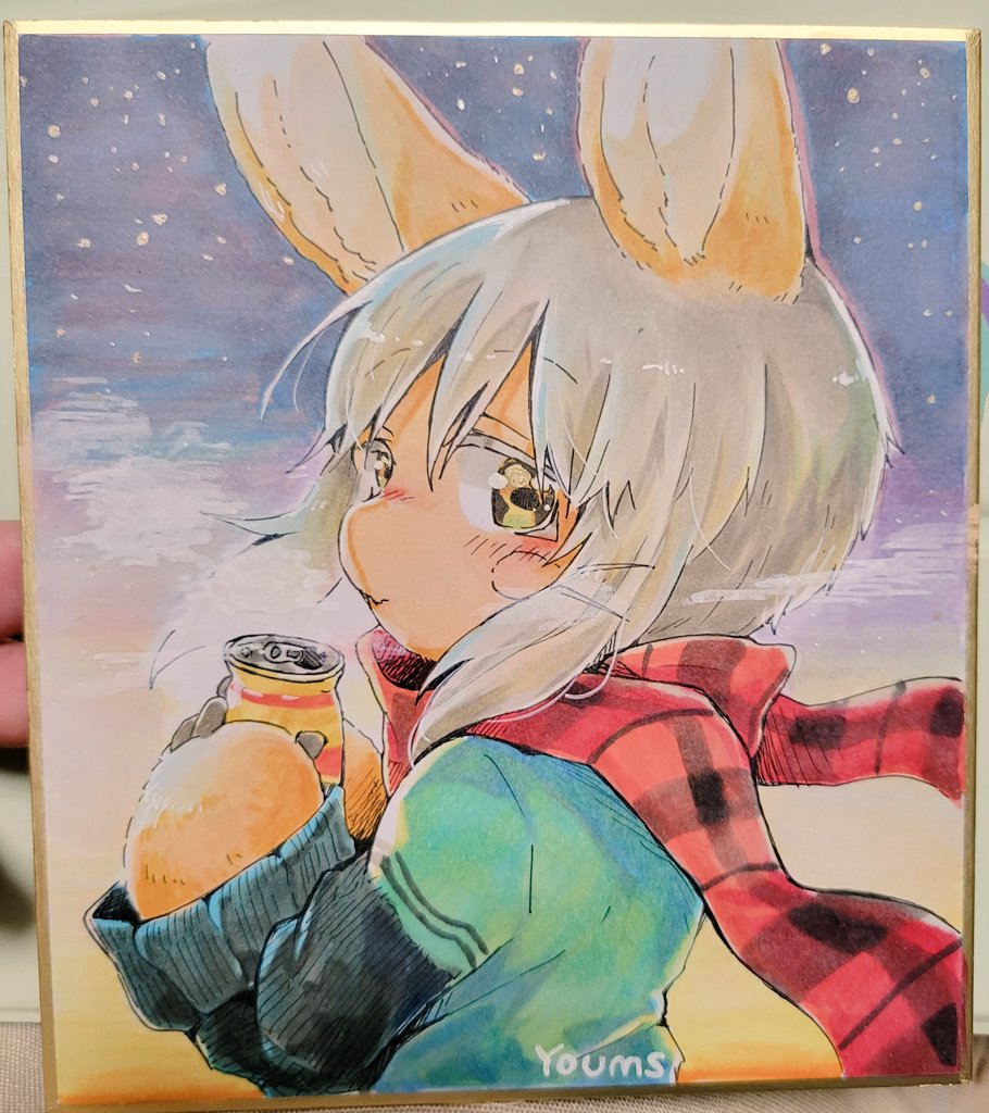 1girl 1other alternate_costume animal_ears aqua_shirt artist_name blush breath brown_eyes brown_fur can casual closed_mouth commentary_request contemporary from_side furry grey_hair hands_up holding holding_can looking_at_viewer looking_to_the_side made_in_abyss mumu_yu_mu nanachi_(made_in_abyss) photo photo_(medium) plaid plaid_scarf red_scarf safe scarf shikishi shirt short_hair sidelocks sideways_glance sky solo traditional_media upper_body whiskers