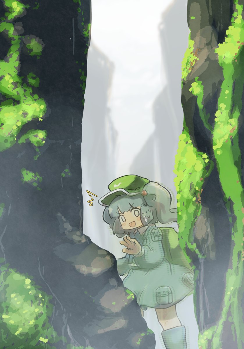 1girl bangs blue_hair blunt_bangs boots commentary_request day dress forest grass green_dress green_footwear green_headwear hair_ornament hat highres kawashiro_nitori long_sleeves nature nervous_smile no_nose open_mouth pocket safe smile solo surprised touhou tree twintails two_side_up uisu_(noguchipint)