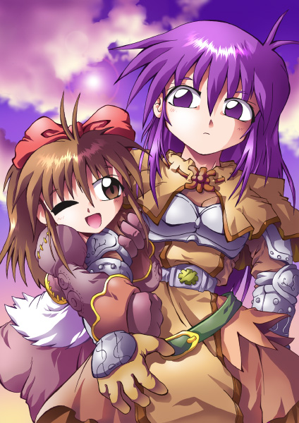 2000s_(style) 2girls :d antenna_hair arm_hug bangs bow brown_capelet brown_dress brown_eyes brown_gloves brown_hair brown_jacket brown_skirt capelet chest_guard closed_mouth clouds comiket_66 commentary_request cowboy_shot dress expressionless gauntlets gloves hair_between_eyes hair_bow jacket kurogarasu lens_flare long_hair looking_to_the_side merchant_(ragnarok_online) multiple_girls one_eye_closed open_mouth purple_hair purple_sky ragnarok_online red_bow skirt smile swordsman_(ragnarok_online) violet_eyes