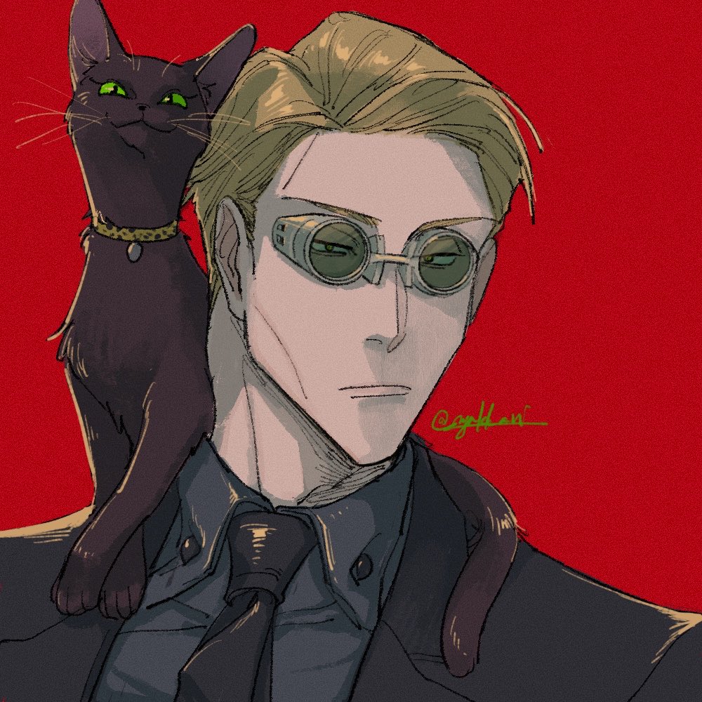 1boy :3 animal_on_shoulder animal_print black_cat black_necktie black_shirt black_suit blonde_hair brown_eyes cat cat_on_shoulder collar collared_shirt formal green_eyes jujutsu_kaisen leopard_print looking_at_viewer male_focus nanami_kento necktie nekoyanaginekoko portrait red_background shirt short_hair solo suit twitter_username