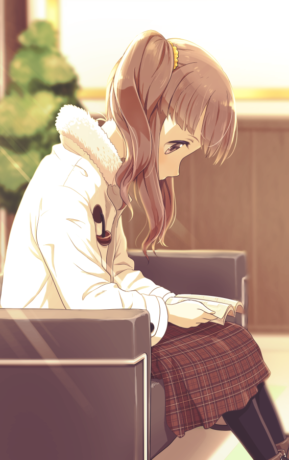 1girl blurry blurry_background brown_eyes brown_hair brown_skirt coat from_side hair_ornament hair_scrunchie holding idolmaster idolmaster_cinderella_girls long_hair long_skirt long_sleeves looking_down ogata_chieri plaid plaid_skirt profile reading scrunchie shiny shiny_hair sitting skirt solo sunlight twintails white_coat winter_clothes winter_coat yama_tatsuo yellow_scrunchie