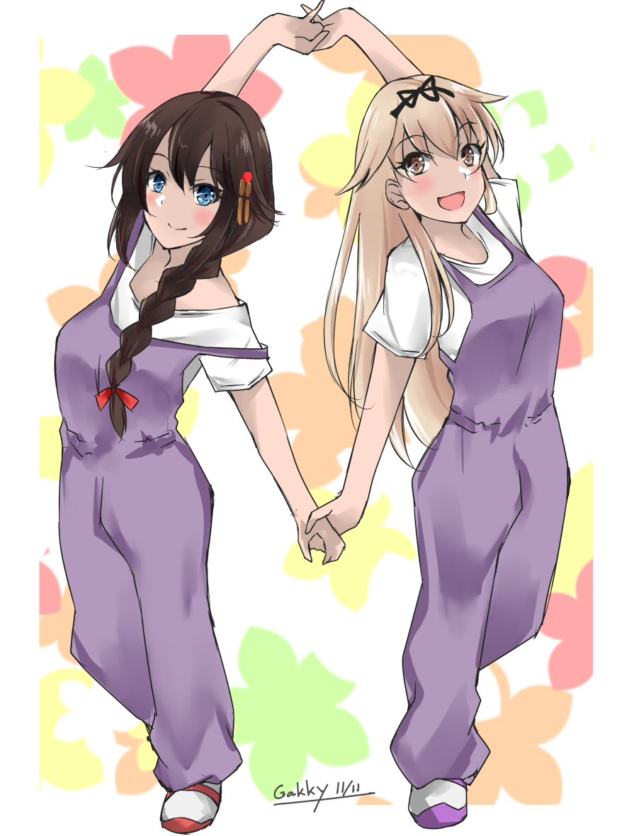 2girls alternate_costume artist_name blonde_hair blue_eyes bow braid breasts brown_eyes brown_hair dancing dated full_body gakky hair_flaps hair_ornament hair_over_shoulder hair_ribbon holding_hands kantai_collection long_hair matching_outfit medium_breasts medium_hair multiple_girls one-hour_drawing_challenge overalls purple_overalls remodel_(kantai_collection) ribbon shigure_(kancolle) shigure_(kantai_collection) shigure_kai_ni_(kancolle) shirt shoes single_braid smile sneakers t-shirt white_shirt yuudachi_(kancolle) yuudachi_(kantai_collection) yuudachi_kai_ni_(kancolle)
