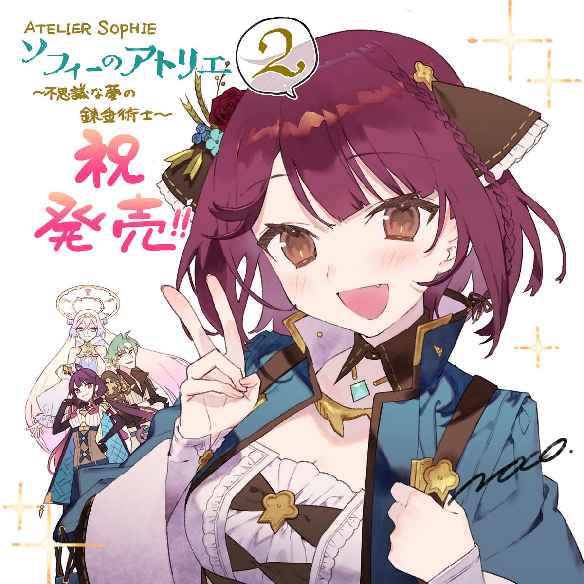 1boy 3girls atelier_(series) atelier_sophie atelier_sophie_2 blush breasts brown_eyes coat elvira_(atelier_series) fang frills hair_ornament highres jewelry long_sleeves looking_at_viewer medium_breasts multiple_girls necklace noco_(adamas) official_art olias_enders open_mouth ramizel_erlenmeyer redhead short_hair smile solo_focus sophie_neuenmuller