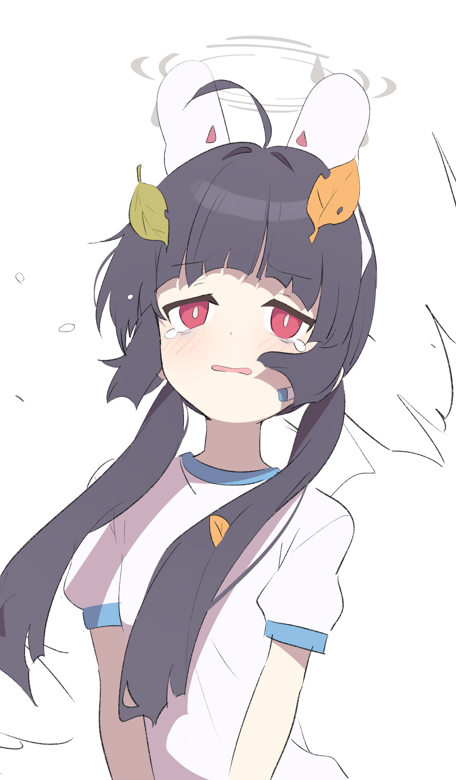 1girl ahoge animal_ears bangs black_hair blue_archive blush bright_pupils fake_animal_ears hair_intakes headset highres leaf leaf_on_head long_hair low_twintails microphone miyu_(blue_archive) open_mouth rabbit_ears red_eyes shirt short_sleeves solo supershiruco tail tearing_up tears twintails upper_body white_background white_pupils white_shirt