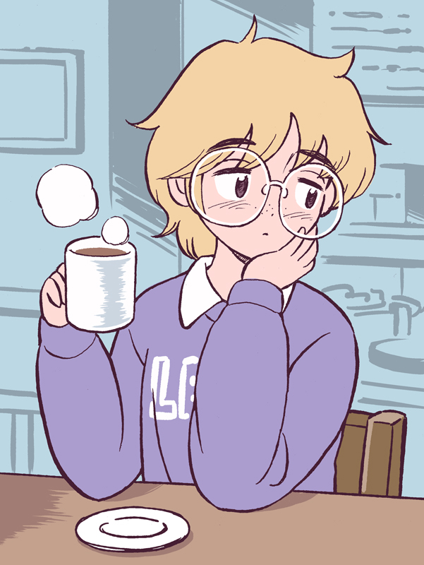 1girl 49s-aragon bad_id bad_tumblr_id bangs blonde_hair brown_eyes collared_shirt cup freckles glasses holding holding_cup long_sleeves original plate purple_shirt round_eyewear shirt short_hair sitting solo steam table upper_body