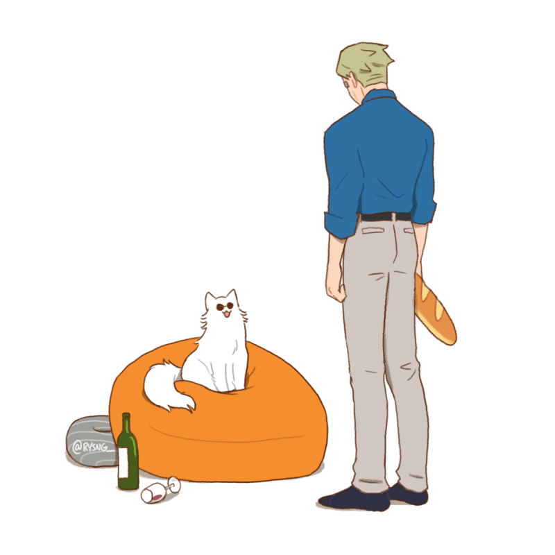 1boy alcohol animalization baguette bean_bag_chair belt black_belt blonde_hair blue_shirt bottle bread cat collared_shirt cup drinking_glass food formal full_body gojou_satoru grey_pants holding holding_food jujutsu_kaisen long_sleeves male_focus nanami_kento pants rysng shirt short_hair sitting solo standing suit sunglasses twitter_username undercut wine wine_bottle wine_glass