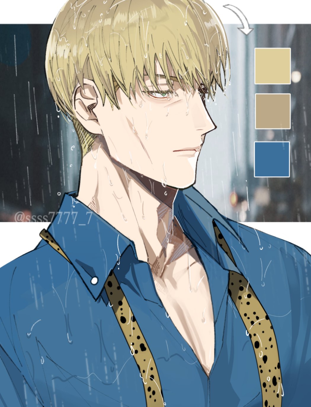 1boy blonde_hair blue_eyes blue_shirt city city_lights collared_shirt commentary_request expressionless highres jujutsu_kaisen korean_commentary male_focus nanami_kento night rain shirt short_hair solo ssss7777_7 twitter_username upper_body water_drop wet wet_clothes wet_hair wet_shirt