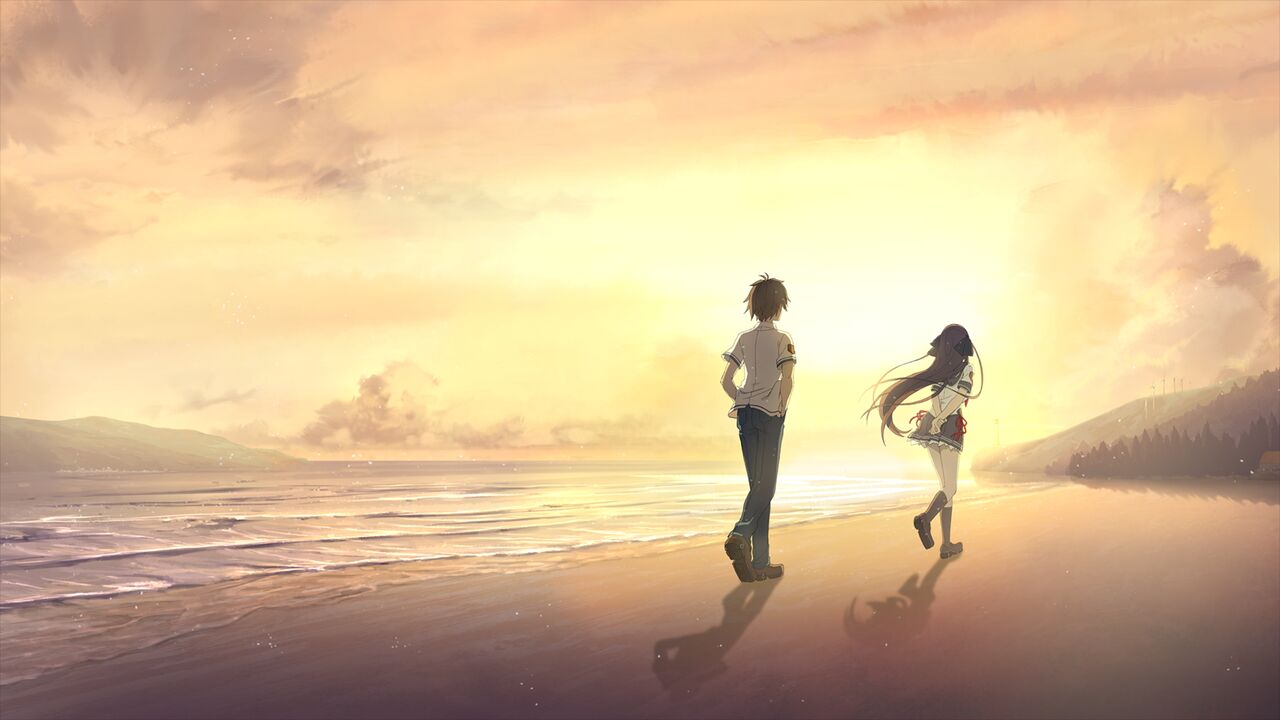 1boy 1girl ao_no_kanata_no_four_rhythm arms_behind_back backlighting beach black_bow black_socks blue_pants blue_skirt bow brown_footwear brown_hair couple floating_hair from_behind full_body game_cg hair_bow hands_in_pockets kneehighs loafers long_hair miniskirt ocean pants pleated_skirt red_ribbon ribbon school_uniform shadow shirt shoes short_hair short_sleeves skirt socks sunset suzumori tobisawa_misaki very_long_hair walking white_shirt